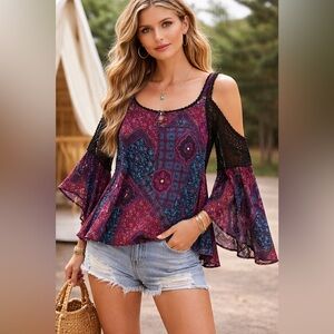 Bila Boho Patchwork Crochet Lace Swing Tank Top Size M